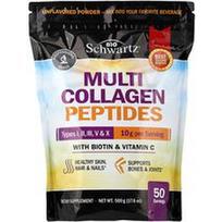 BioSchwartz, Daugelio kolageno peptidų milteliai, I, II, III, V ir X tipai, su biotinu ir vitaminu C, be skonio, 500 g