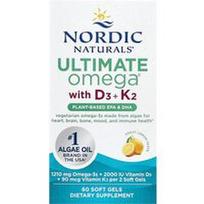 Nordic Naturals, „Ultimate Omega®“, augalinės kilmės, su D3 + K2, citrinų skonio, 60 minkštųjų kapsulių