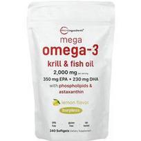 Micro Ingredients, Mega Omega-3 krilių ir žuvų taukų su fosfolipidais ir astaksantinu, citrinų skonio, 240 minkštųjų kapsulių