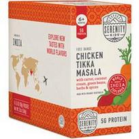 Serenity Kids, Laisvai laikomų vištų „Tikka Masala“ pašaras su morkomis, kokosų kremu, žaliosiomis pupelėmis, žolelėmis ir prieskoniais, nuo 6 mėnesių, 6 pakeliai po 99 g