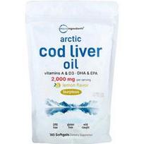 Micro Ingredients, Arktinių menkių kepenų aliejus, citrinų skonio, 360 minkštųjų kapsulių (666 mg vienoje minkštojoje kapsulėje)
