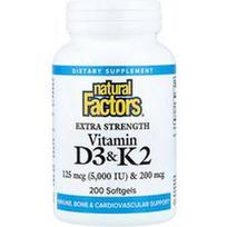 Natural Factors, Vitaminas D3 ir K2, 200 minkštųjų kapsulių