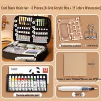 Travel Watercolor Paint Set with Acrylic Box and Creative Sketchbook black