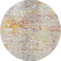 Apvalus sendintas vintažinis kilimas, pilkas pagrindas su blausiais geltonais/raudonais/mėlynais akcentais, Boho Chic kilimas svetainei, sendintos tekstūros dekoras 100cm beige