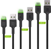 Green Cell Set 3x GC Ray USB-C Cable 30cm, 120cm, 200cm with green LED backlight, fast charging UC, QC 3.0