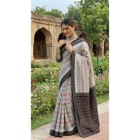New Launch Beautiful Bagru Printed Mulmul Cotton Saree black