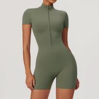 Zipper Short Sleeve Yoga onesie Women's Dance Fitness Bodysuit S armijos žalia spalva