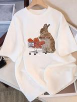 Women'S Short-Sleeve T-Shirt with A Rabbit Bought Carrots,New Loose-Fitting Summer Style,Flattering Lady's Top Travel Daily Wear S gray