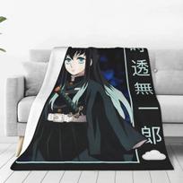 Soft Cozy Demon Slayer Anime Throw Blanket Bedspread Flannel Cover Muichiro Tokito Kimetsu no Yaiba for Bed Travel 40x50in black