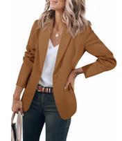2024 Autumn Women's Long Sleeve One-Button Casual Office Blazer with Pockets L tamsiai ruda spalva