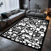 Black White Gaming Controller Pattern Rug, Non-Slip Game Room Carpet & Man Cave Floor Mat, Dorm Bedroom Living Room Decor 80x120cm gray