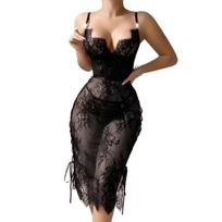 Seksuali nėrinėta babydoll suknelė moterims Skaidri tinklinė naktinė suknelė miegui Šoninė skeltė V formos iškirptė Naktinė suknelė medaus mėnesiui, jubiliejams S juoda