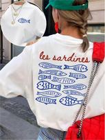 Dvipusis sardinių marškinėliai Retro maisto meno grafinis marškinėlis Unisex Keistas pakrantės estetiniai viršutiniai drabužiai Vasaros paplūdimio atostogų apranga M gray