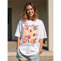 Crew Neck T-Shirt with Vibrant Peach and Apricot Print Fuzzy Delight Juicy and Sweet Design Short Sleeve Aesthetic Clothes S gray