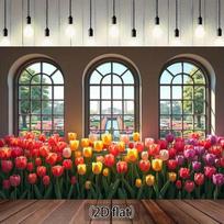 2D Indoor Garden Banner, Vibrant Tulips and Arched Windows Backdrop for Decor 47.2x31.5inch/120*80cm white