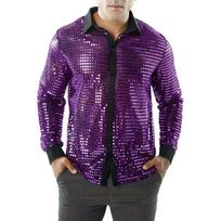 Men Long Sleeve Turn Down Collar Shiny Sequined Disco Party Performance Shirt S violetinė