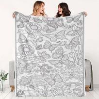 Butterfly Floral Coloring Blanket Suitable for All- Soft Flannel Throw with Hand-Drawn Animal & Plant Line Art Patterns, Stress- Coloring Pages Gift f 75X95CM gray