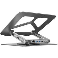 UNITEK D1109A nešiojamojo kompiuterio stovas, pilka, 43.2 cm, aliuminis, 6 kg, 360°, 180°, USB šakotuvas, HDMI, RJ-45, USB 3.2