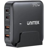 Unitek GaN tinklo įkroviklis P1228ABK01-EU, 70W, 2xUSB-C, 2xUSB-A, 230V, 50/60Hz, juodas, greitas įkrovimas, PPS