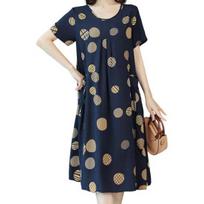 Mother Dress O Neck Colorful Short Sleeve Plus Size Flower Print Big Pockets Summer Dress Daily Clothes 2XL tamsiai mėlyna spalva