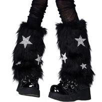 Fuzzy Leg Warmers with Sweet Bows Star Detail Christmas Winter Plush Boot Toppers Foot Covers for Teens Girls and Women black