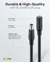 DC maitinimo kabelio ilgiklis 10m 5.5x2.1mm juodas 2x0.5 mm² max 24VDC 100W