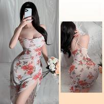 Vintage Floral Tube Top Nightgown Slim Fit High Slit Sexy Long Print Loungewear Dress 633 Romantic Flattering Sleepwear with Timeless Floral Patterns L black