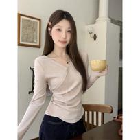 Spicy Girl V-Neck Long-Sleeve Crop Top Women's Autumn 2025: Versatile, Simple Base Layer Small gray