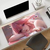 Gaming Mouse Pad Large Desk Mat Antislip Base Stitched Edges Pink Fox Girl Anime Print for Gaming  Office Desk Use (as the picture,300x800x2mm) black