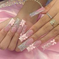 Sweet French Tip Press On Nails With Rhinestone Bow Decor Long Water Drop Shape Gel Adhesive Jelly Glue Options Gel Nail beige