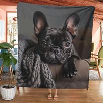 Prancūzų buldogų flanelinis pledas - Minkštas, šiltas ir jaukus svetainei, lovai, biurui, kelionėms - Puiki dovana šunų mylėtojams, 280 g/m², vintažinio stiliaus, nesipūkuojantis 75X95CM black