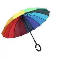 Double-Layer Color-Blocked Automatic Car-Mounted Reverse Umbrella for Women, Dual-Use for Sun and Rain, Long Handle, Large Size, Wind-Resistant Black C-Handle Rainbow Umbrella juoda