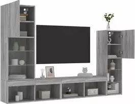 TV staliukas Sieninė TV sekcija su LED, 4 dalių, pilka ąžuolo, mediena