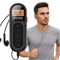 Nešiojamas juodos spalvos FM radijas su ausinėmis ir USB įkrovimu