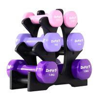 DrFit 6 hanteli rinkinys su stovu, 6 kg (2x 0,5 kg, 2x 1 kg, 2x 1,5 kg)