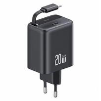 SAMS Charger 1xUSB-C with retractable USB-C Retractable PD+QC 20W Gan Fast Charging black