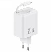 USAMS Charger 1xUSB-C with retractable USB-C Retractable PD+QC 20W Gan Fast Charging white