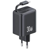 USAMS Charger 1xUSB-C with retractable USB-C Retractable PD+QC 30W Gan Fast Charging black