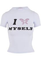 Felicious Marškinėliai 'Love Yourself' eozino spalva / juoda / balkšva