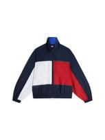 Tommy Jeans Demisezoninė striukė 'Back Logo Regatta Oversized' tamsiai mėlyna / raudona / balta