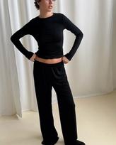 European & American Women's Knit Crew Neck Top & Wide Leg Pants Set - Solid Color Casual Loungewear S white