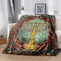 Nine Candles Golden Menorah Hebrew Shema Israel Text Vintage Scroll Border Burgundy Soft Flannel Throw Blanket Jewish Religious Sofa Bed Decor Cover 80cm x 120cm gray