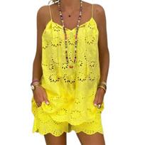 2Pcs/Set Drawstring Tassel Casual Outfit with Lining Embroidery Flower Pattern Hollow Out Lace Trim Sling Vest Top Wide Leg Shorts Set Streetwear S geltona