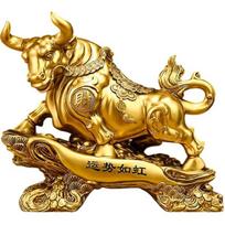 Ox Statue, Feng Shui Wealth Bull Sculpture for Fortune and Success, Handcrafted Solid Brass Zodiac Animal Figurine for Office Desk Home Decor Small beige