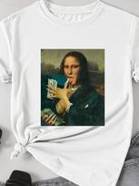 Unisex And Unisex Black Humorous Mona Lisa Money Bills Graphic Tshirt Casual Short Sleeve Tee With Abstract Art Design M black