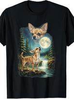 Retro Chihuahua Howling at Moon T-Shirt - Vintage Chihuahua Dog Graphic Tee, Round Neck Casual L gray