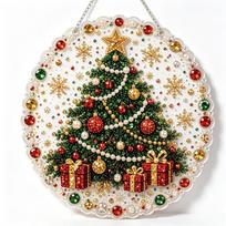 DIY Christmas Suncatcher Diamond Painting Kit, Round Acrylic Pearl Beads Pendant, Window Hanging Ornament for Xmas Home Party beige