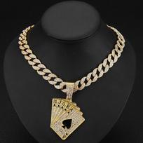 European and American diamond-encrusted niche zinc alloy rap playing card pendant retro environmentally friendly alloy Cuban necklace men's necklace One Size black