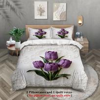 Floral Embroidered Bedding Set White Purple Tulip Pattern Bedding With Duvet Cover and Pillowcases For Bedroom US Full(200x230cm) white