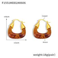 Retro Amber Resin Earrings with Copper U-Shaped Backs - European & American Design, Simple & Versatile Style brown